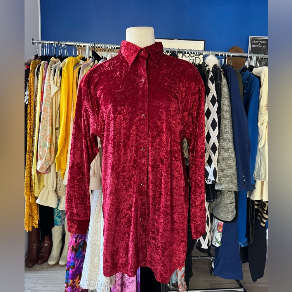 Vintage Red Velvet Tunic Style Button-Up Shirt